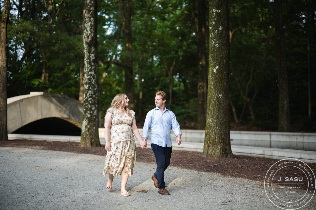 Theodore Roosevelt Island engagement photos on a wooded trail